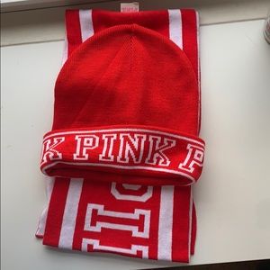 red and white Pink beenie and scarf set